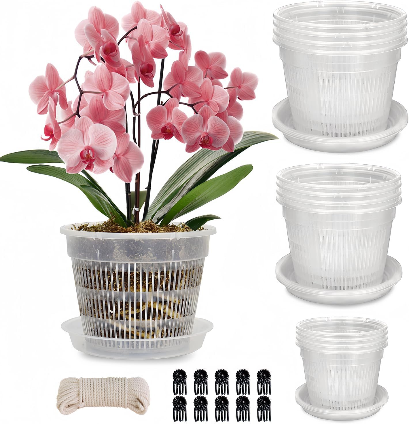 12 Pack Orchid Pot with Saucers, 4 Each of 4.5In, 5.5In and 6.3In Orchid Pots for Repotting, Clear Orchid Pots with Holes, Plastic Flower Plant Pot