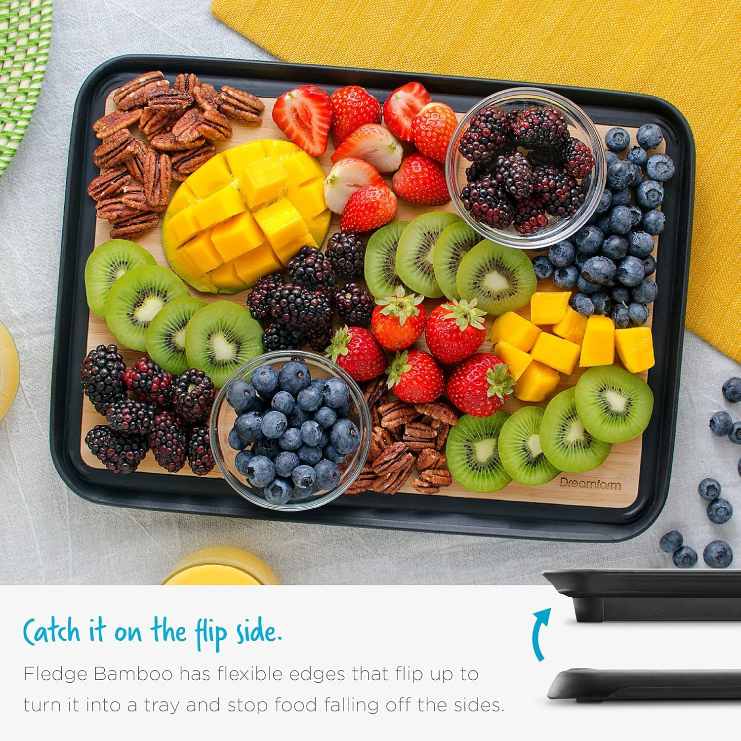 Dreamfarm Big Fledge Bamboo Dishwasher-Safe, Double-Sided Cutting Board with Non-Slip, Juice-Catching Flip-Up Silicone Edges - 14"X10", Bamboo image number 5