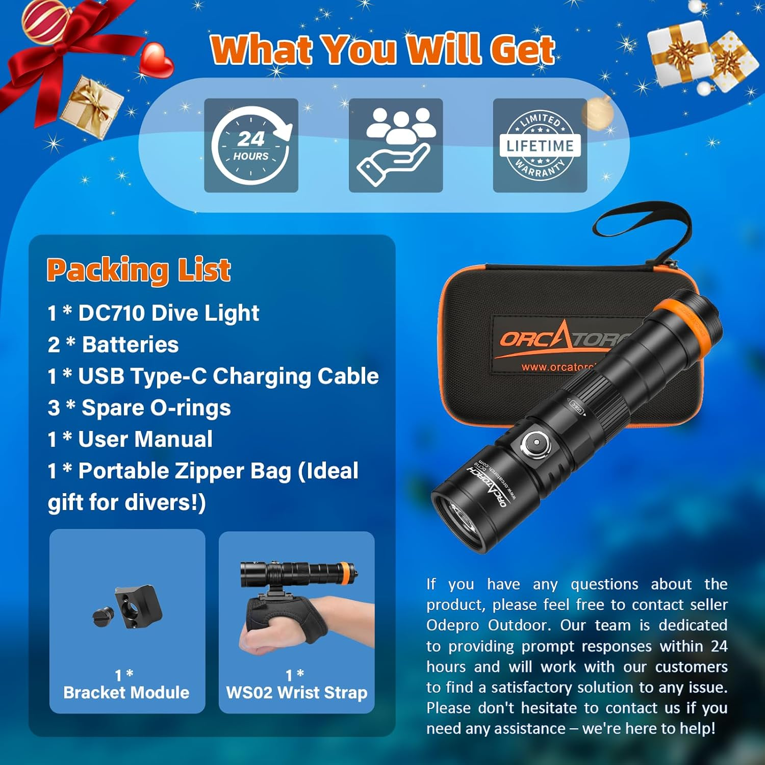 ORCATORCH DC710 Scuba Dive Light Type C Rechargeable, 3000 Lumens Super Bright Underwater Flashlight, IP68 Waterproof Submersible Torch with WS02 Wrist Strap Mount for Hands-Free Diving