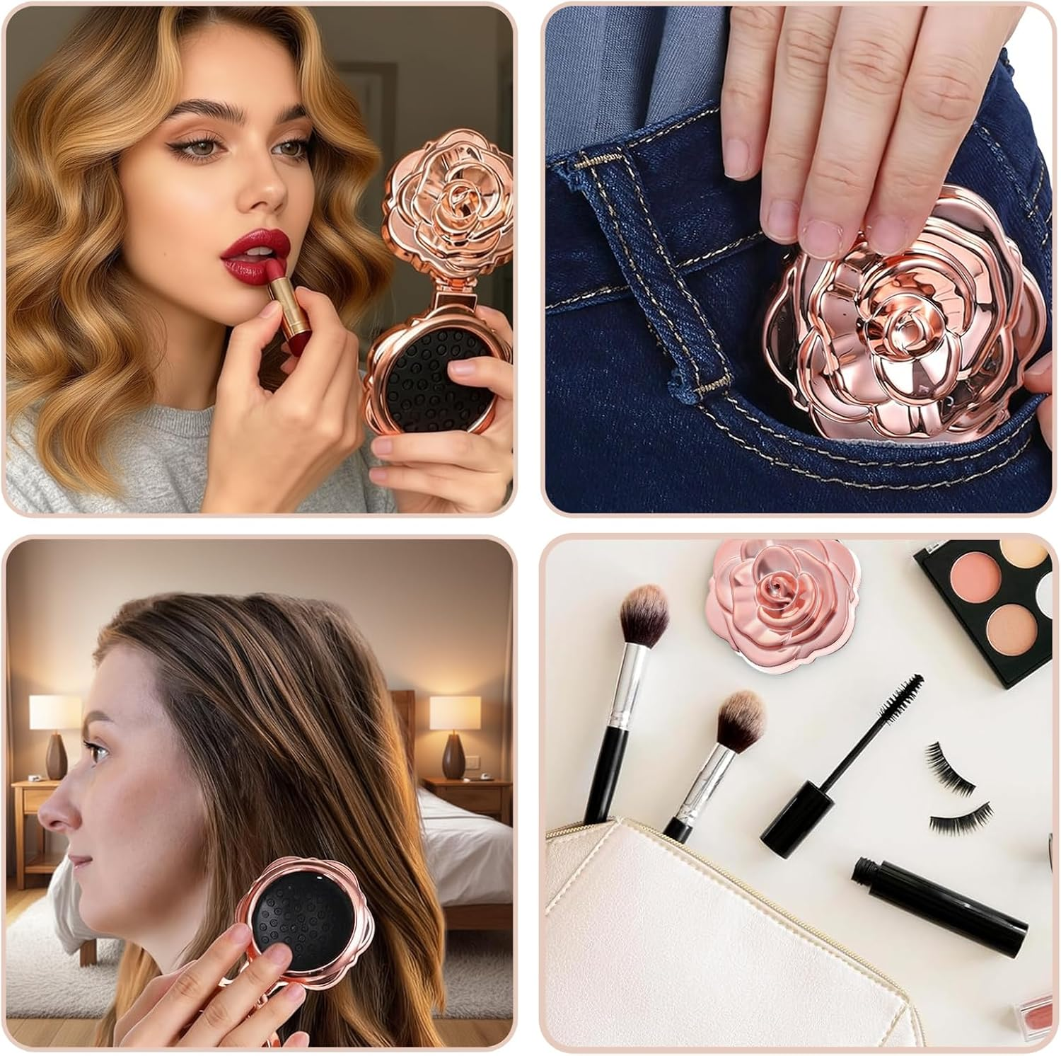 2 Pcs Travel Folding Hair Brush for Women, Rose Gold Small Hair Brush for Purse, Compact Mini Hairbrush with Mirror, Portable Pocket Hairbrush for Women Girls Wet and Dry Hair image number 4