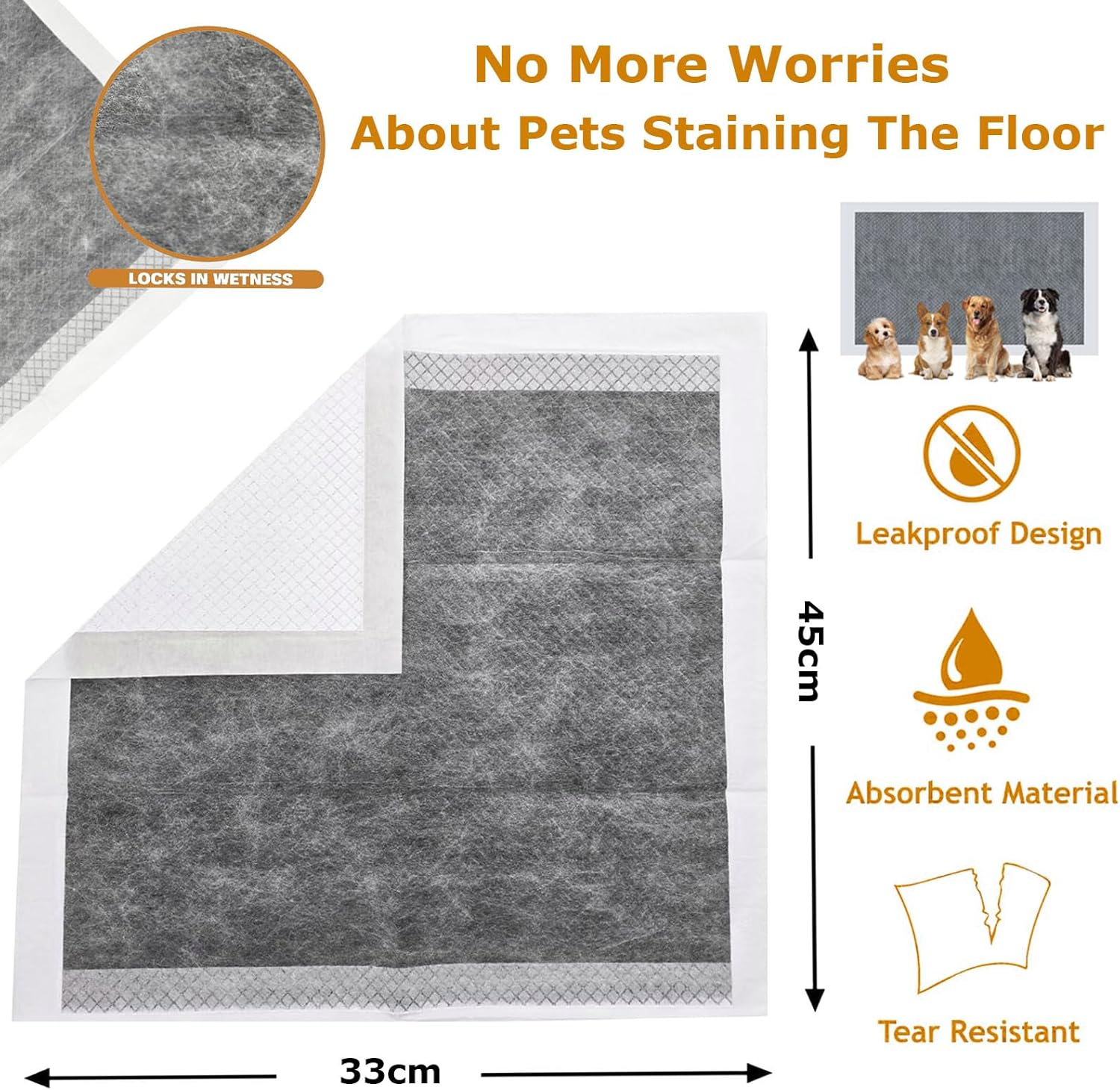 Puppy Pads 100Packs，Disposable Training Pads Bamboo Charocoal Dog Pee ，Pet Training Puppy Dog Pee Pads Super Absorbent，Leak Proof Quick-Dry Pet Piddle Pads and Potty for Dogs,Puppies， Cats，33X45Cm image number 4