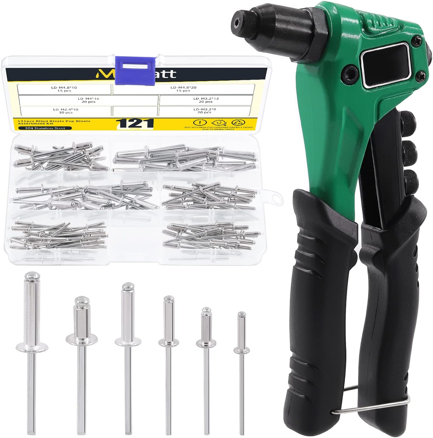 121Pcs 8 Inch Rivet Gun with 120Pcs Blind Rivets, M2.4 M3.2 M4 M4.8 Aluminum Manual Pop Rivets Tool Heavy Duty Riveter Tool for Automotive Metal Sheets Repair image number 6