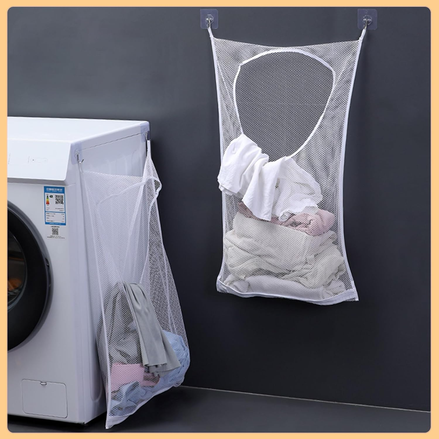 AUXIN 4 Pack Hanging Storage Bags, Foldable Laundry Baskets, 75Cmx50Cm Mesh Sack with 8 Adhesive Hooks, Perfect for Dormitory Bathroom Kitchen Storage Dirty Clothes/Junk Food/Potatoes Onions/Plush Toy