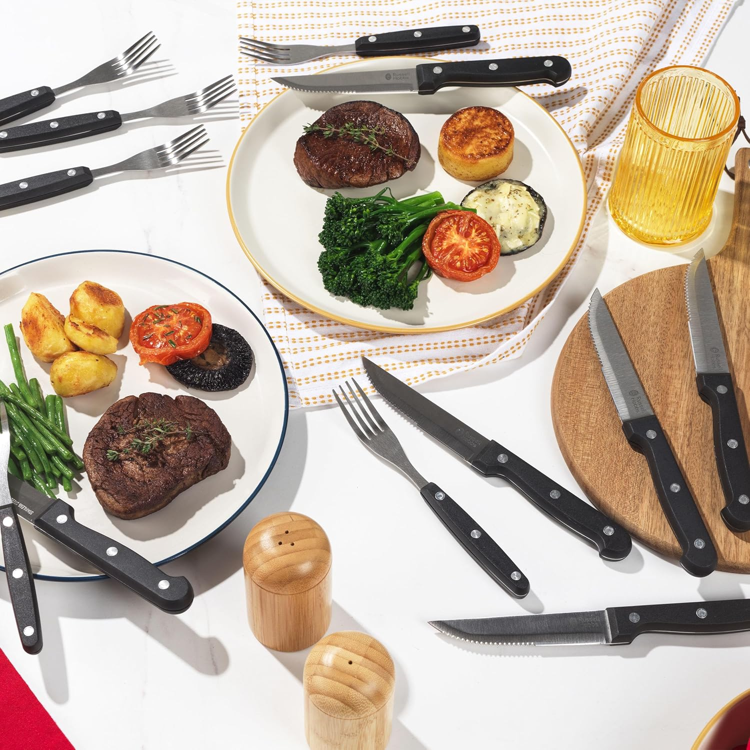 Russell Hobbs RH000431EU 12-Piece Steak Knife Set with Fork, Steak Cutlery Set for 6 People, Stainless Steel, 6 Traditional Steak Knives, 6 Steak Forks, Knife and Fork, Pizza Piece - Black image number 5