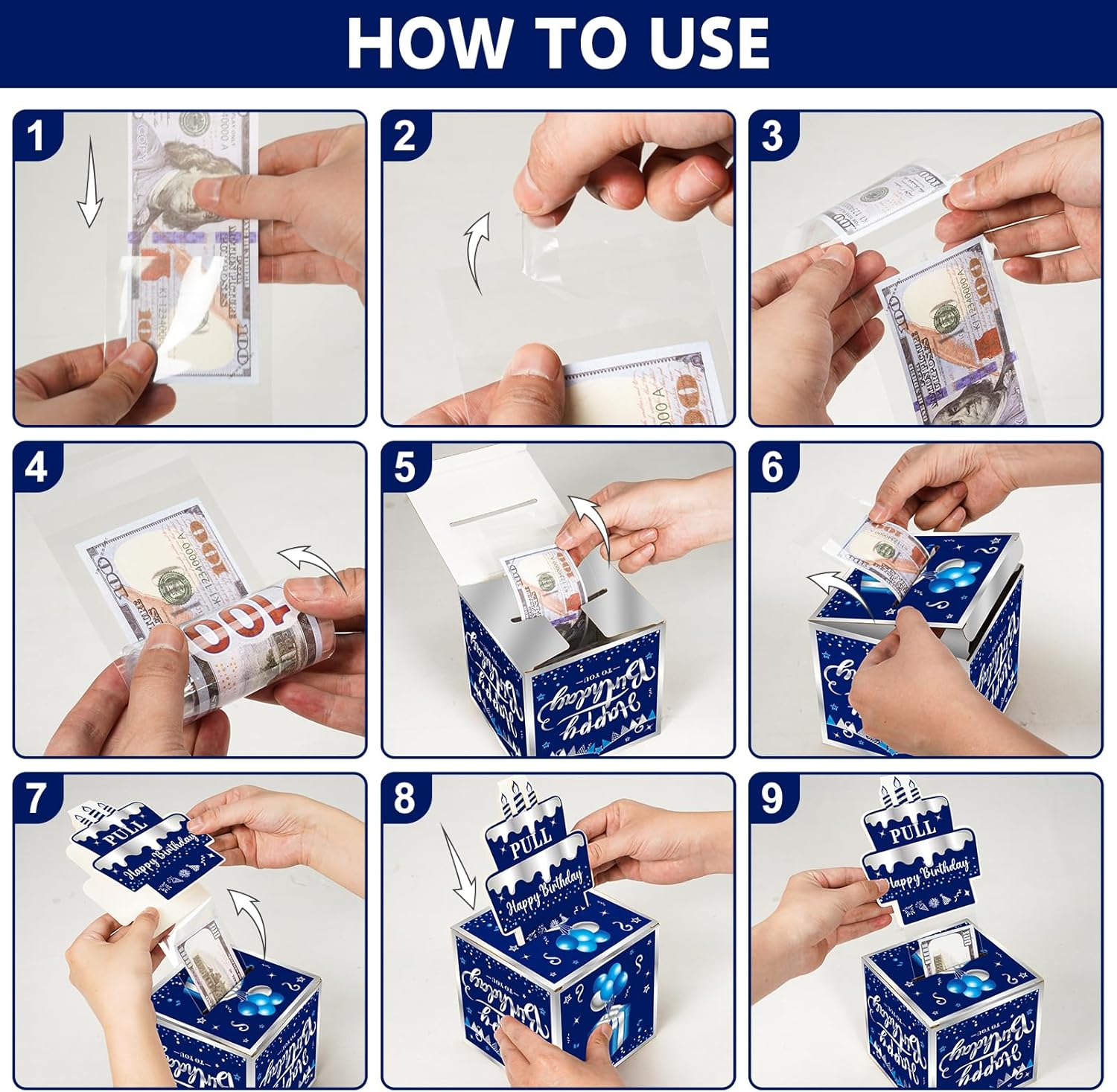 Happy Birthday Money Gift Box with DIY Stickers for Any Age - Blue Sliver Surprise Birthday Party Cash Gift Box with Pull Out Card for Men Boys - a Fun Way to Present Cash as Gifts. image number 5