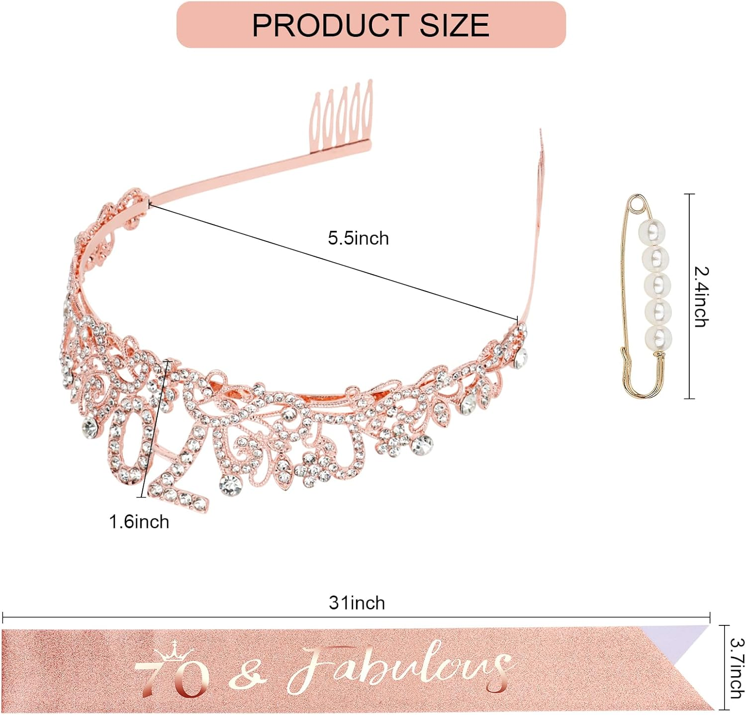 Rose Gold Birthday Tiara and Sash Set - Elegant Floral Rhinestone & Alloy 70Th Crown Headband with Comb & Soft Glitter Fabric Sash, Women'S Party Hair Accessories for 70Th Birthday image number 6