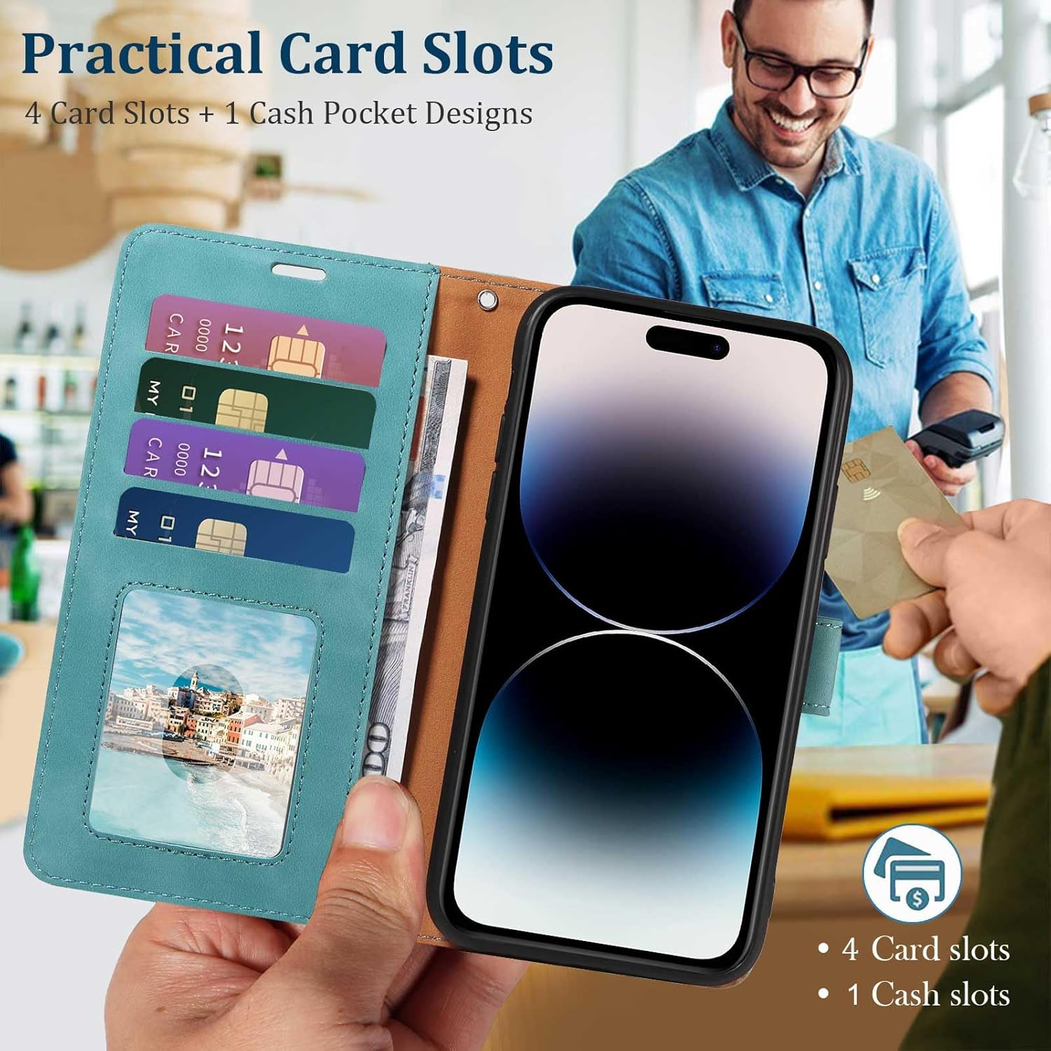 GOTOURED for Iphone 14 Pro Max Case Wallet,Phone Case 4 Card Slots, [RFID Blocking] [Wrist Strap] [Kickstand] Magnetic Shockproof Protective Leather Flip Cases Cover for Iphone 14 Pro Max (Green)