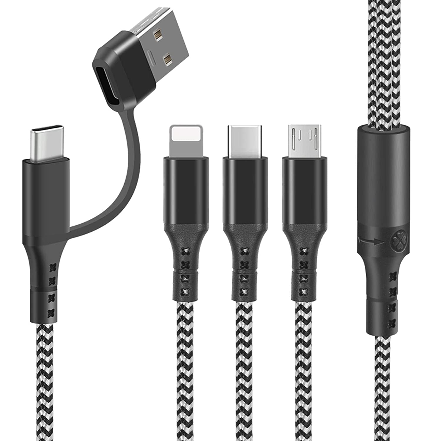 Multi Charging Cable, 5 in 1 USB A/USB C Multi Charger Cable Nylon Braided Fast Charging Cord with IP Micro USB Type-C Port, Multi USB Cable for Phone 16 15 14 13 12 11 X 8 6 Samsung and More