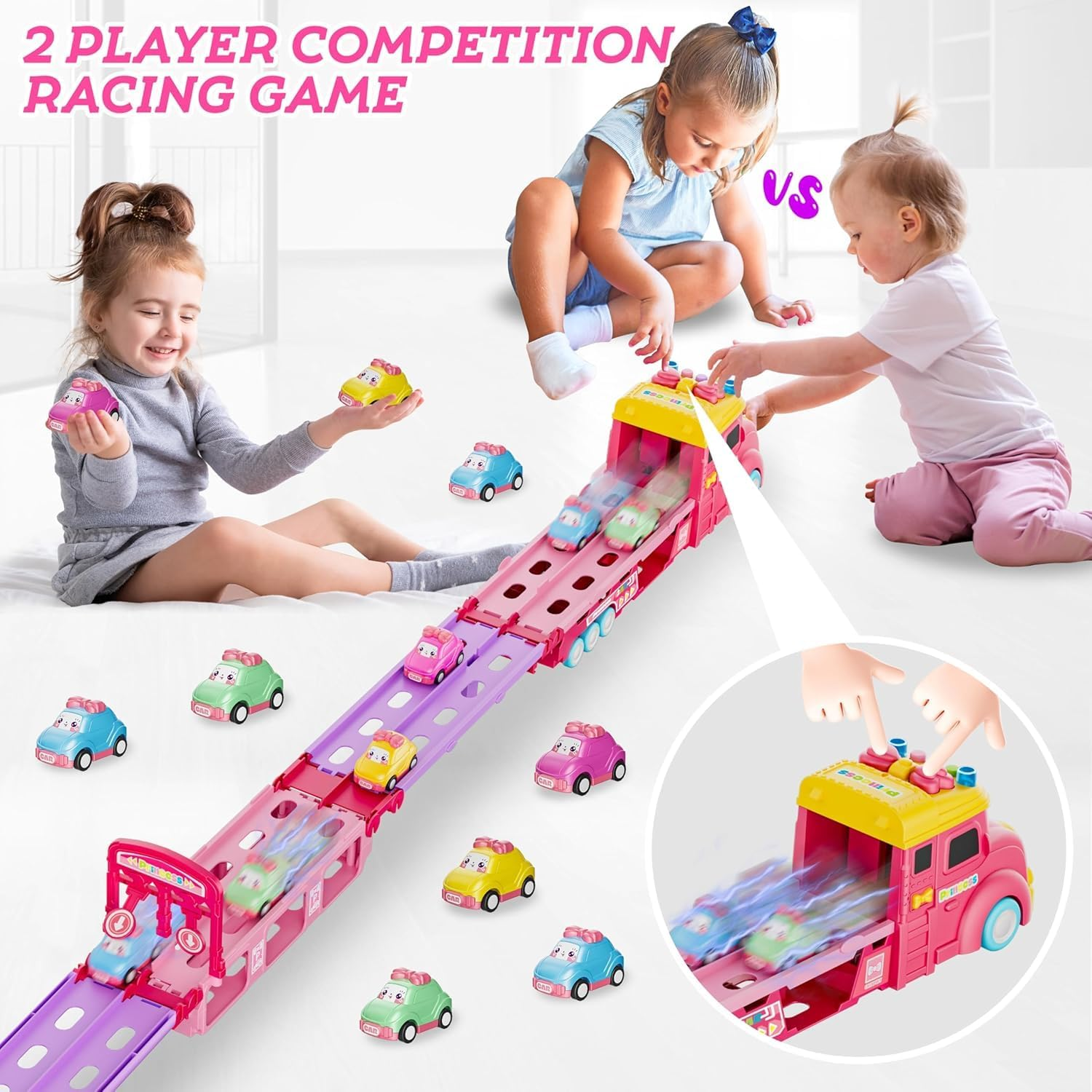 Car Toys for Age 2 3 4 5 6 7 Year Girl Toddler, Foldable Track & 2 Player Race Mode Game, Light & Sound Push Transport Carrier Truck W/ 6 Princess Car, Birthday Gift Idea for Kid