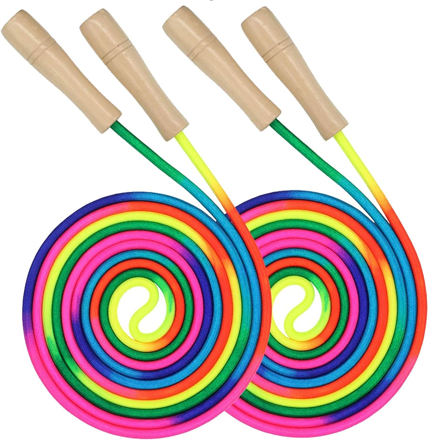 Double Dutch Long Jump Rope for Kids,16Ft Skipping Rope for Kids Adults, Rainbow Jumping Rope for Multiplayer with Wooden Handle for Outdoor Fun, School Sport, Party Game