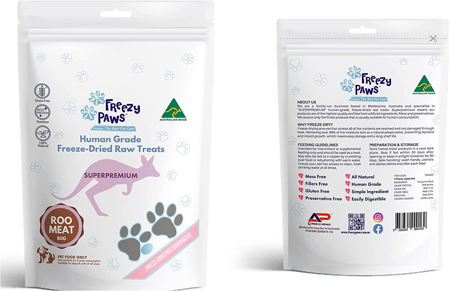 Freezy Paws Superpremium Human Grade Freeze Dried Kangaroo Meat Dog and Cat Treats, 80 G