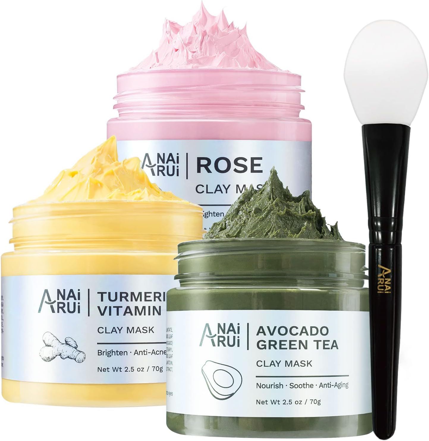 ANAI RUI Turmeric Vitamin C -Rose Facial Mask -Avocado Green Tea Mud Mask,Facial Mask Skincare for Deep Cleansing,Purify Pores, SPA Mask Set 2.5 Oz Each image number 1