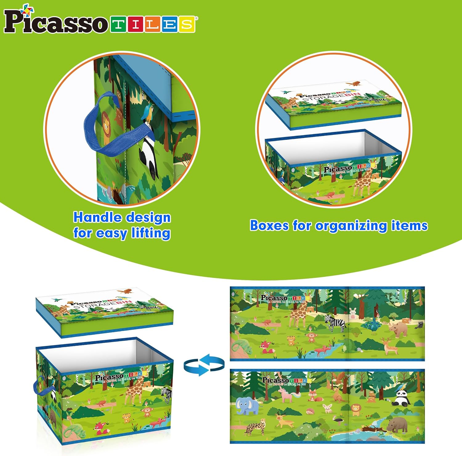 Picassotiles Foldable Toy Storage Chest Box Forest Animal Theme Magnet Tile Organization Bin with Lid and Handles Magnetic Tiles Playroom Organizer STEM Early Educational Toys Boys Girls Ages 3+ PTA34 image number 6