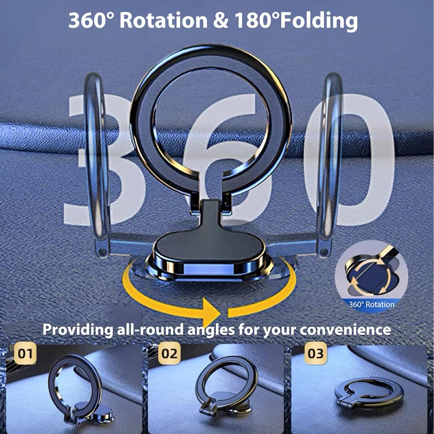 RUNGOS 360&deg;Rotatable for Magsafe Car Mount [Strong Ring Magnet] [Super Stable Widened Base] Lightweight Collapsible Magnetic Car Mount Phone Holder for Steering Wheel Dashboard, Cell Phone Accessories image number 3