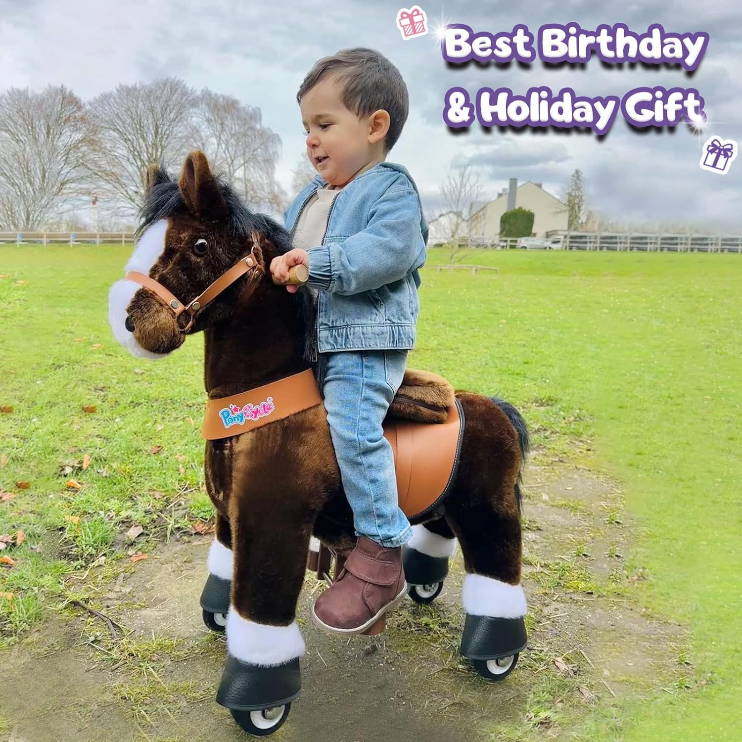 Ponycycle Official Classic U Series Ride on Horse Toy Plush Walking Animal Chocolate Brown Horse U3 for Age 3-5 U321