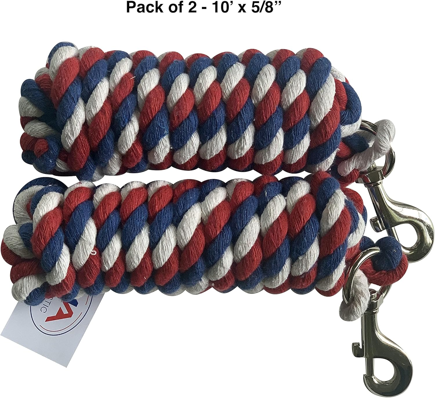 Majestic Ally Pack of 2 Solid Cotton Lead Rope for Horses & Livestock &ndash; 10 Foot Long and 5/8 Inch Thick - Replaceable Heavy-Duty Satin Bolt Snap &ndash; Handmade &ndash; Soft, Broken in Feel (Patriotic) image number 3
