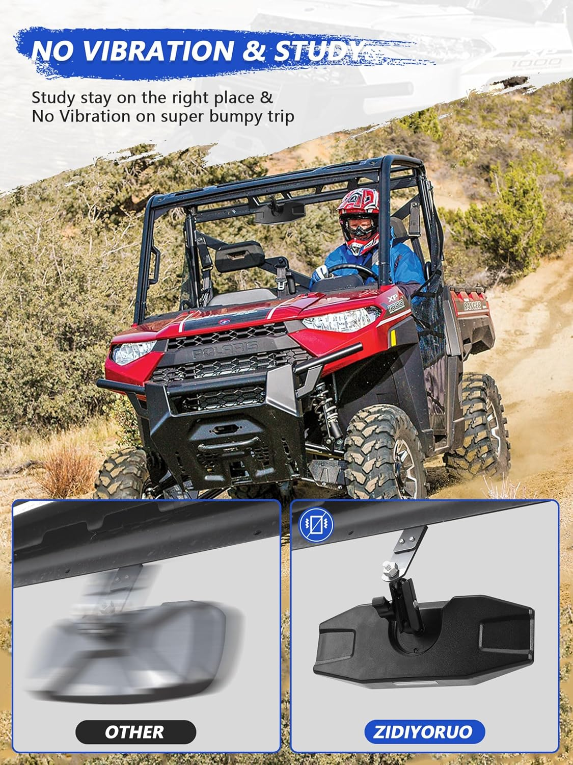 Polaris Ranger Rear View Mirror, ZIDIYORUO Adjustable Center Rearview Mirror for Polaris Ranger 500 570 900 XP 1000XP Crew 2017-2023, Fit Factory Drop down Mounting Tab (With 2Pcs of Belt Bypass) image number 1