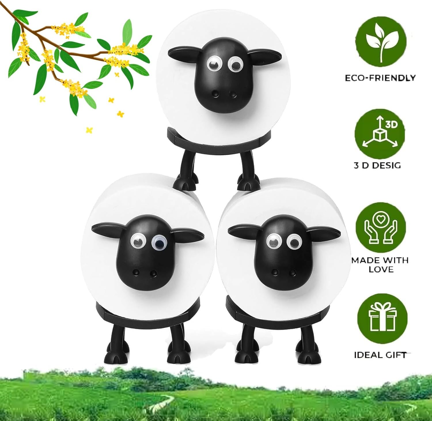 Decorative Sheep Toilet Roll Holder, Set of 3, Black and White image number 1
