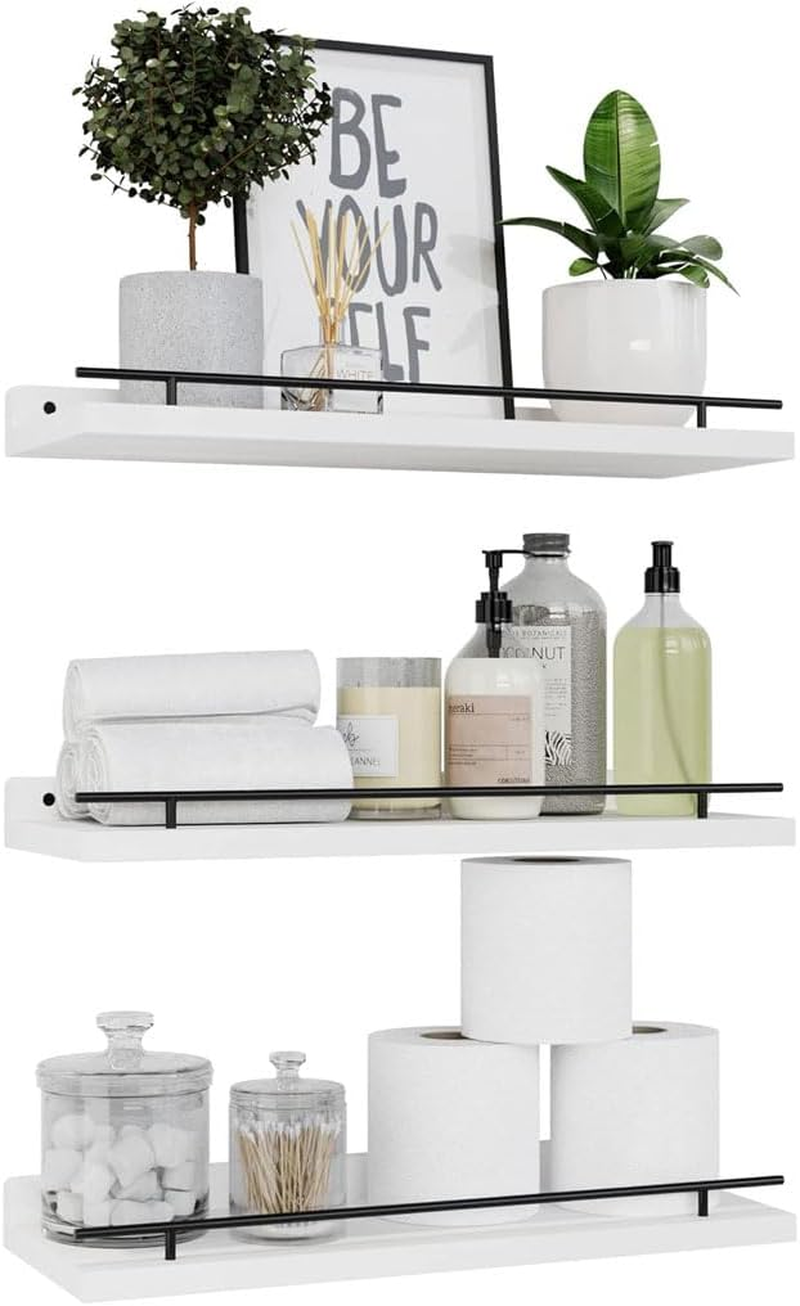 Delsol Floating Shelves with Metal Guardrail Set of 3, Wall Mounted Shelves for Wall Decor, Shelf for Bedroom, Bathroom, Kitchen, Living Room, Plants, Picture Frames, Art (White)