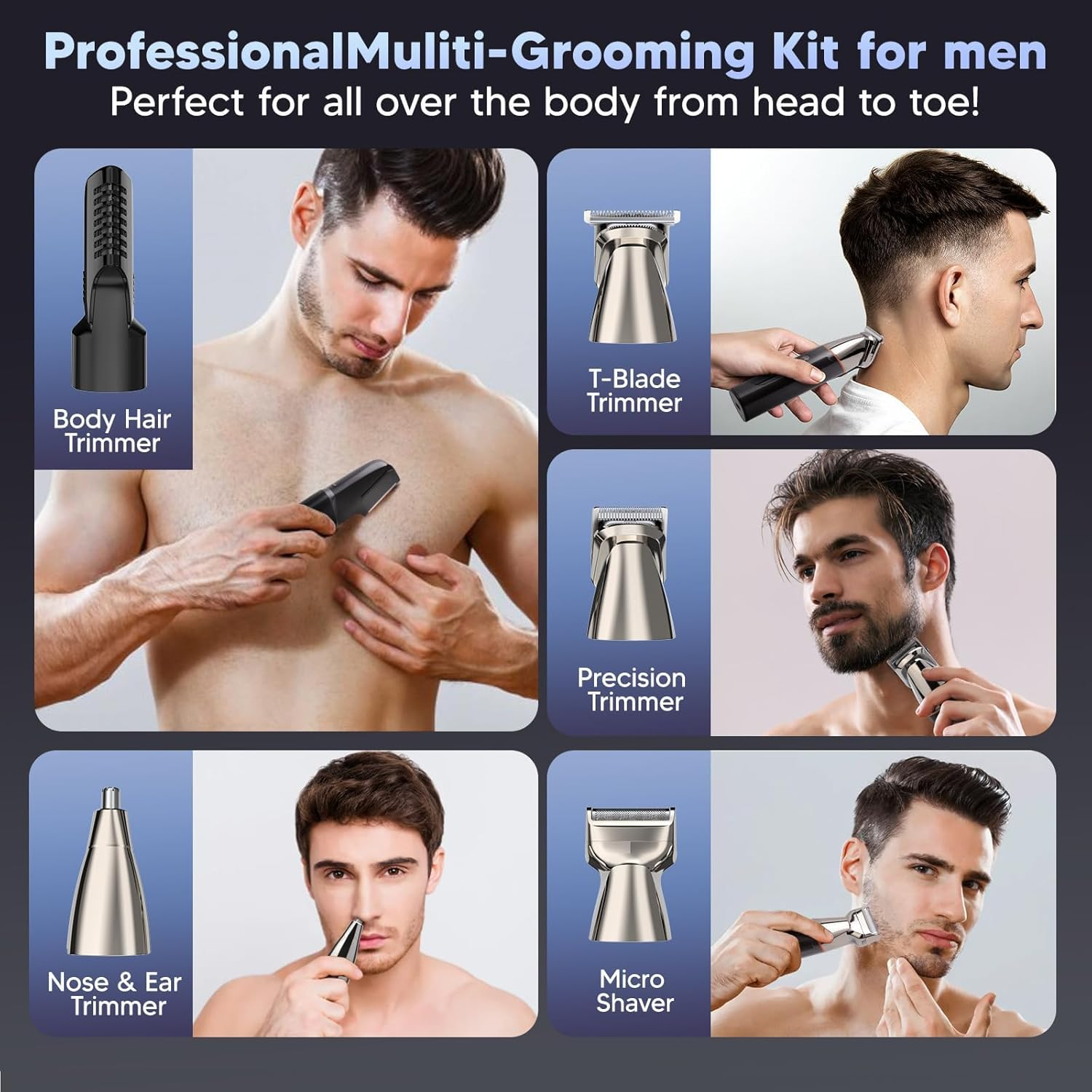 Body Trimmer for Men, Professional 5 in 1 Hair Cut Clipper Set, IPX7 Waterproof Wet and Dry Beard Face Nose Ear Groin Body Hair Trimmer Grooming Kit for Men with LED Display Men'S Gifts image number 1