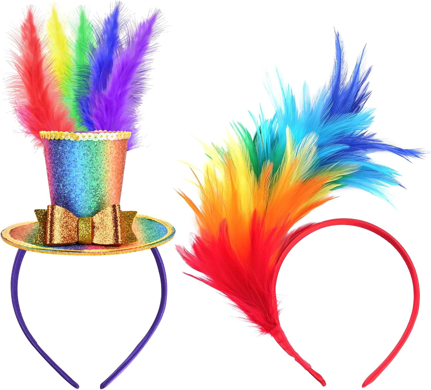 Colourful Feather Headband, 2 Pieces Rainbow Feather, Headwear, Rainbow Feather Headband, Rainbow Headband, Feather Headpiece, Hair Accessories Women, for Easter Wedding, Carnival, Party, Cosplay