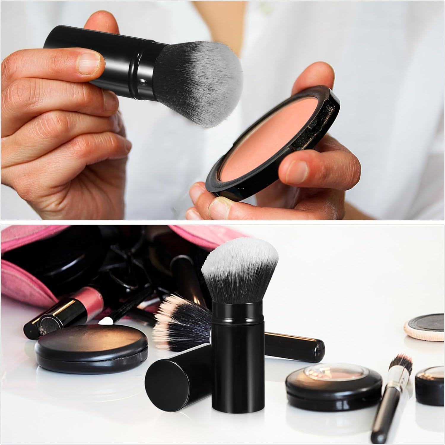 Ipetboom Retractable Cosmetics Brush Retractable Makeup 2Pcs Blush Set Portable Face Powder Mini Foundation Brush with Flat and Angled Top for Cream Cosmetics Travel