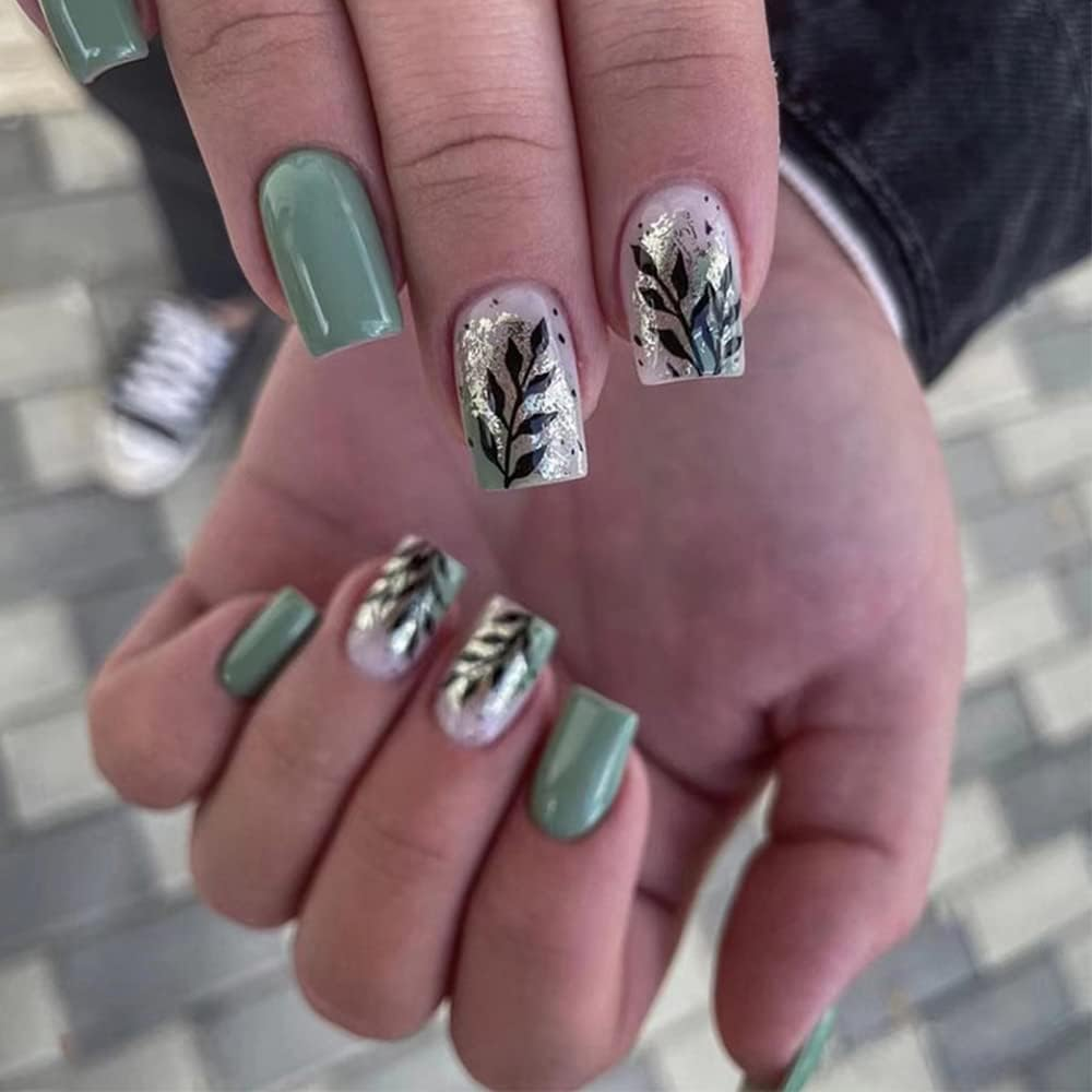 KXAMELIE Short Square Green French Nails to Stick on with Sheet, Press on Nails with Designs Acrylic False Nails for Women and Girls Daily Use Pack of 24