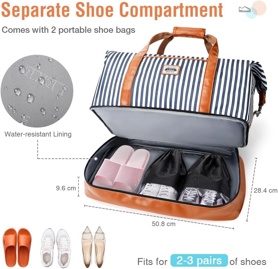 Lekesky Overnight Bag for Women Weekend Bag with Shoes Bags Toiletry Bag Shoes Compartment Weekender Bag Trave Duffle Bag, A-Blue Striped, 50L, Travel Bag image number 1