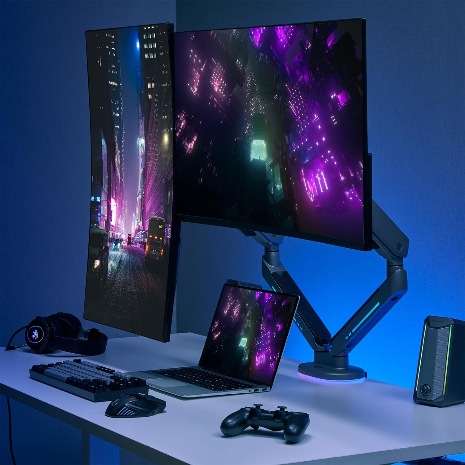 AVLT Dual RGB Gaming Monitor Arms Desk Mount, Fits 27&rdquo;-43&rdquo; Ultrawide Screens, 20 Lighting Modes with Touch Control, Adjustable Height, Swivel Tilt Rotation Stand - Dark Gray image number 4