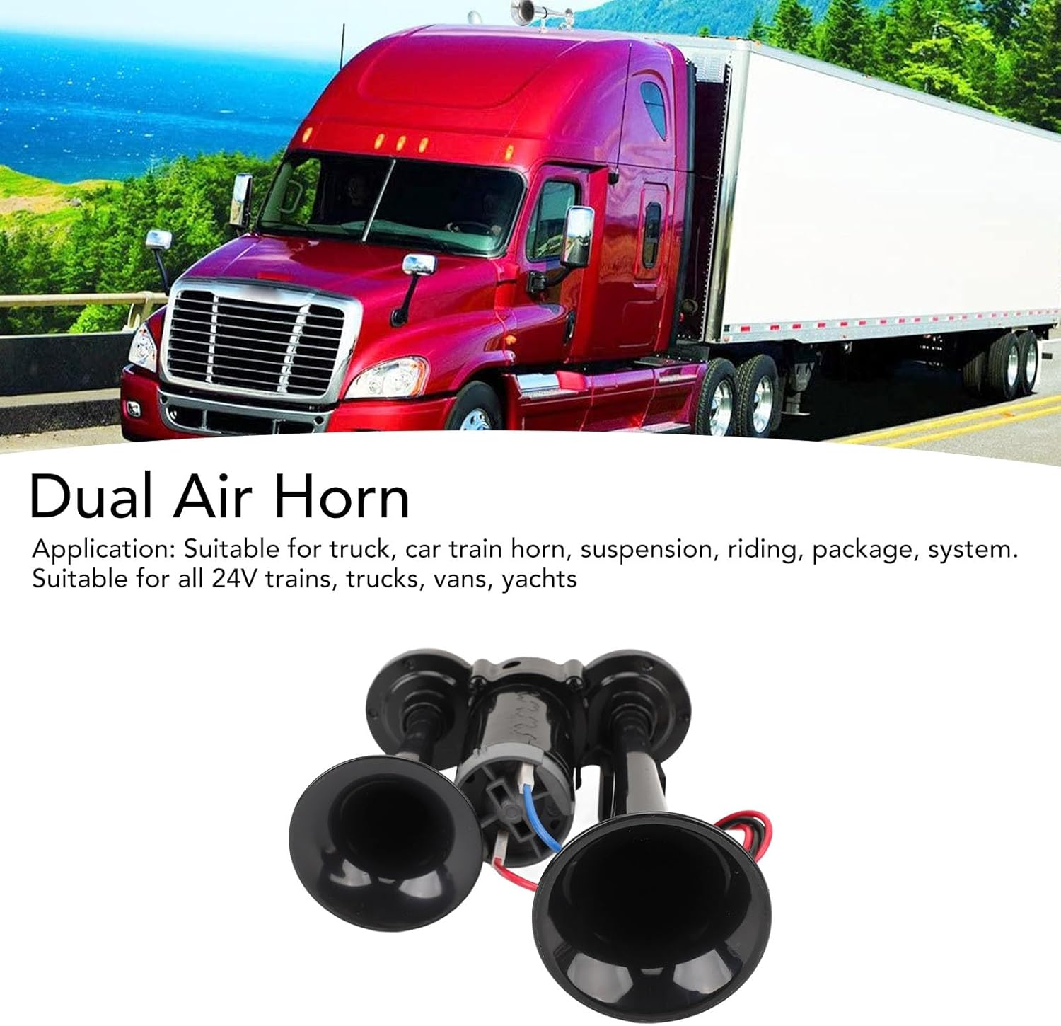 Super Loud Air Horn, DC24V 130Db Dual Trumpet Air Horn Kit, 0.08Mpa - 0.13Mpa Air Pressure Car Train Horns for Any 24V Vehicle Trucks Car or SUV, Easy Installation image number 2