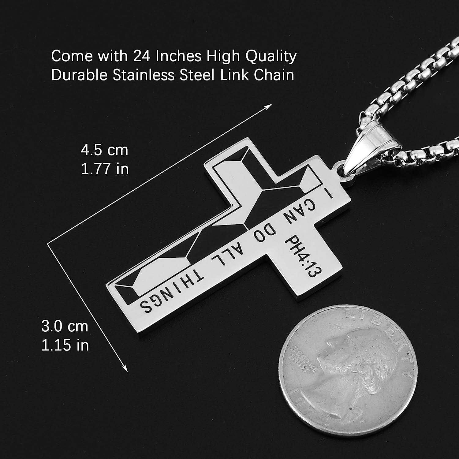 HZMAN Basketball Football Soccer Cross Pendant, I CAN DO ALL THINGS STRENGTH Bible Verse Stainless Steel Necklace - Black image number 4
