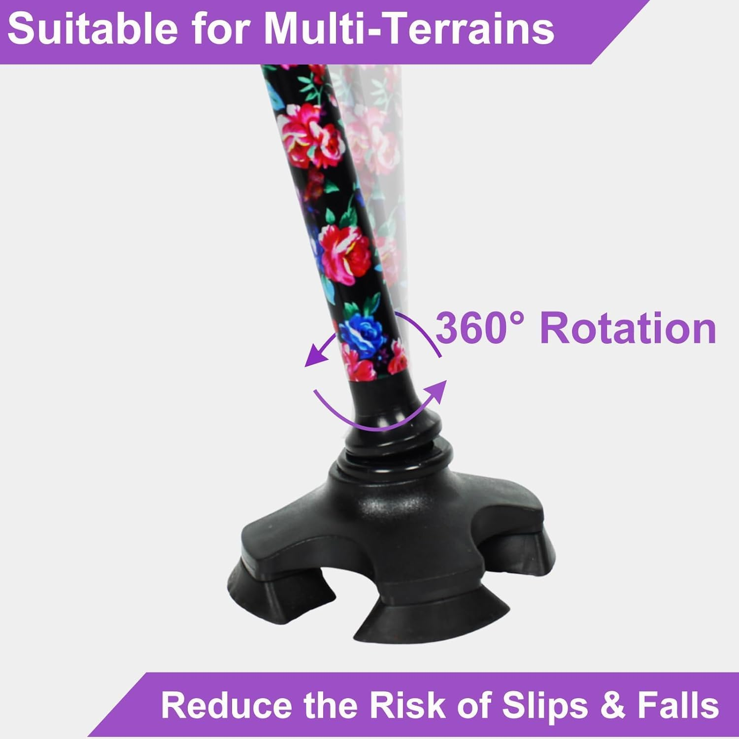 Begrit Walking Stick Adjustable Cane for Women Ergonomic Handle Stabilising Base - Small Flower image number 6