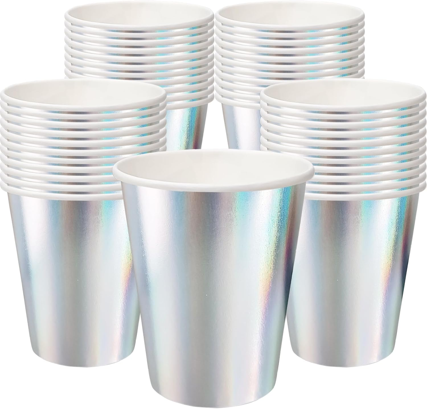 Eacitown 50 Pcs Iridescent Paper Cups Disco Party Cups Rainbow Silver Mermaid Unicorn Themed Birthday Party Supplies 9OZ image number 5