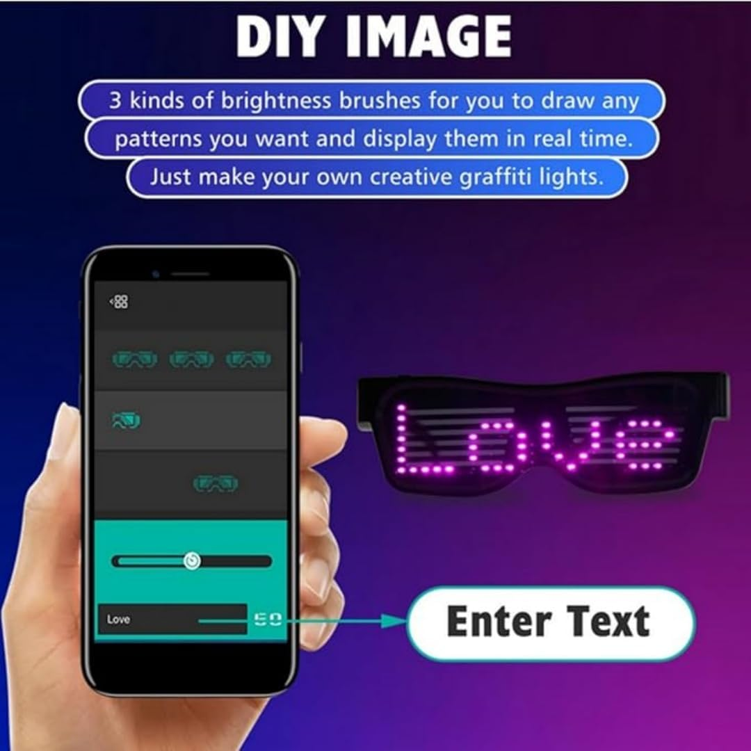 Queen.Y LED Glasses Customizable Bluetooth APP Connected LED Display Smart Glasses USB Rechargeable DIY Funky Eyeglasses for Nightclub Party Stage DJ Halloween