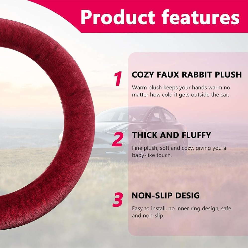 Car Steering Wheel Cover, Fluffy Soft Fur Wheel Protector for Warm Winter, 15'' Anti-Slip Steering Wheel Covers, Universal Vehicle Interior Accessories for Men Women Unique Fashion(Wine Red) image number 5