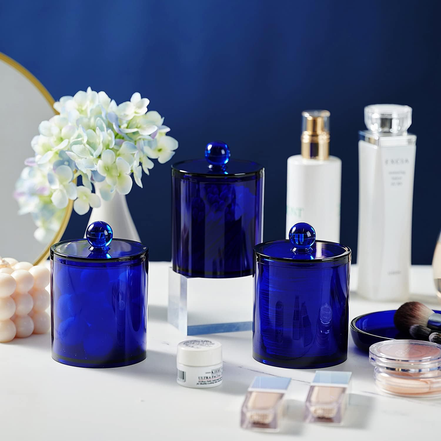 Sheechung 6-Pack Blue Acrylic Apothecary Jars - (3) 12Oz & (3) 10Oz Qtip Holder Set with Labels - Shatterproof Bathroom Vanity Organizer for Cotton Swabs, Balls, Pads - Coastal Decor image number 3