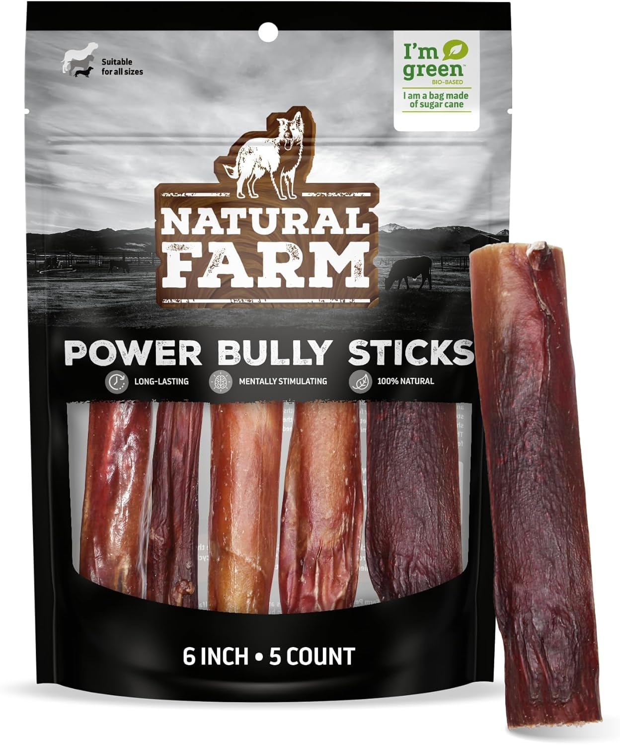 Natural Farm Power Bully Sticks Dog Chews (6&rdquo;, 5-Pack), 2-In-1 Power Chews: Premium Beef Cheek Wrapped in Beef Pizzle, Long-Lasting, Great Dog Dental Treats Fro Small, Medium & Large Dogs image number 3