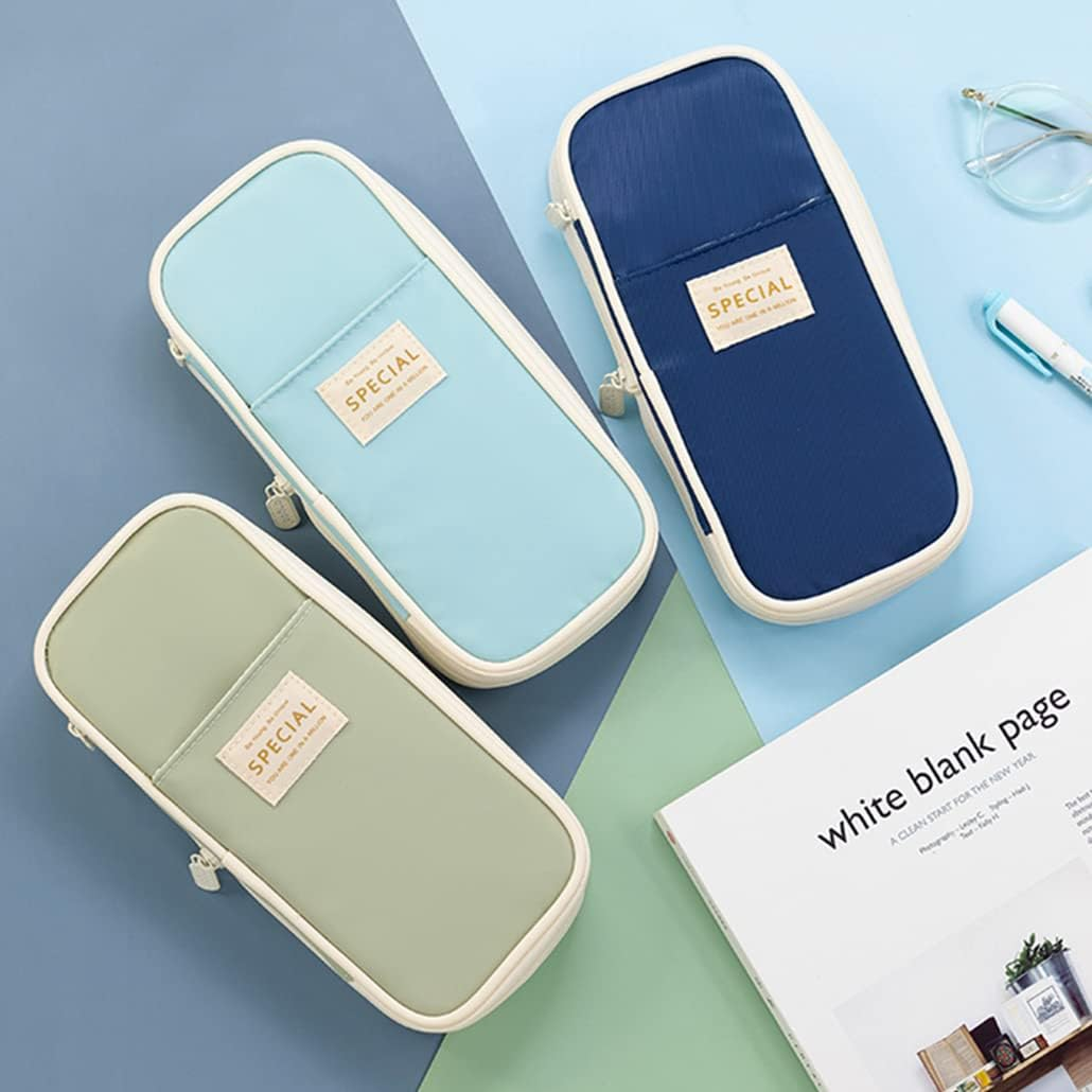 Isuperb Pencil Case Large Capacity Student Canvas Pencil Case Storage Bag Double Zipper Pencil Box for School, Light Blue, Modern image number 6