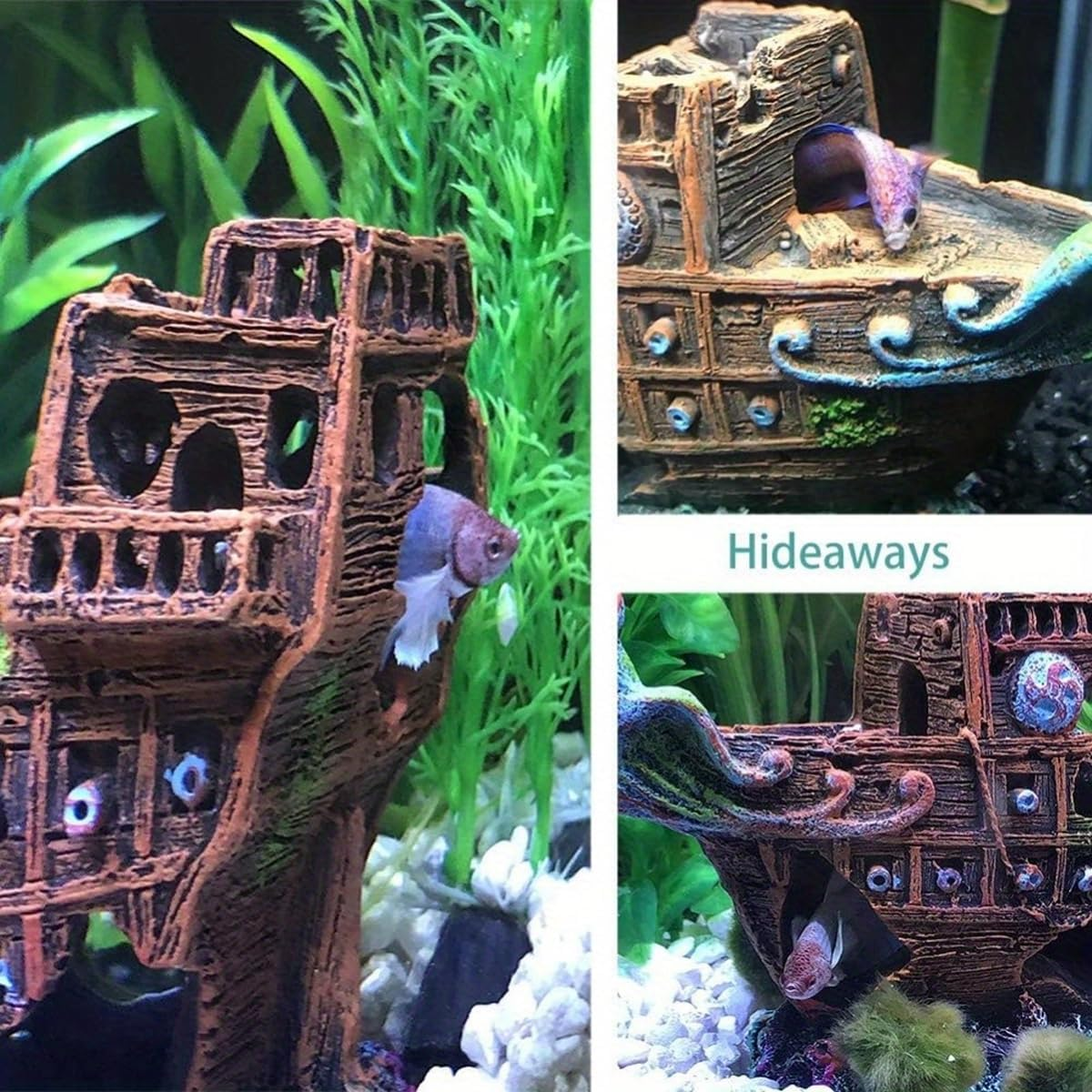 AIMALL Resin Pirate Ship Aquarium Decoration 9.44X3.74X2.55In Sunken Wreck Ornament for Fish Tank Aquascaping Underwater Scene Hideout Decor image number 1