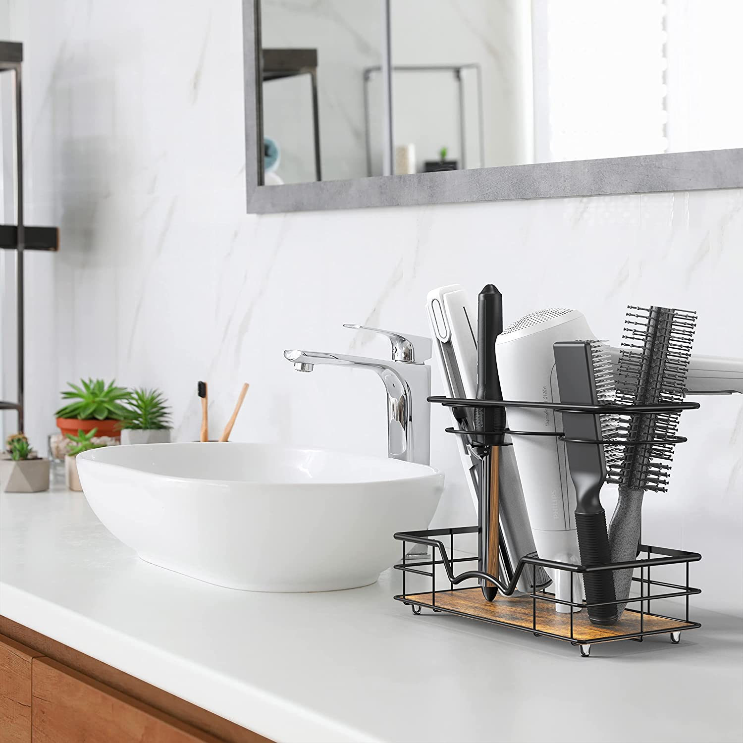 Simple Houseware Countertop Hair Dryer Holder Hair Tools Organiser, Rustic Brown image number 4