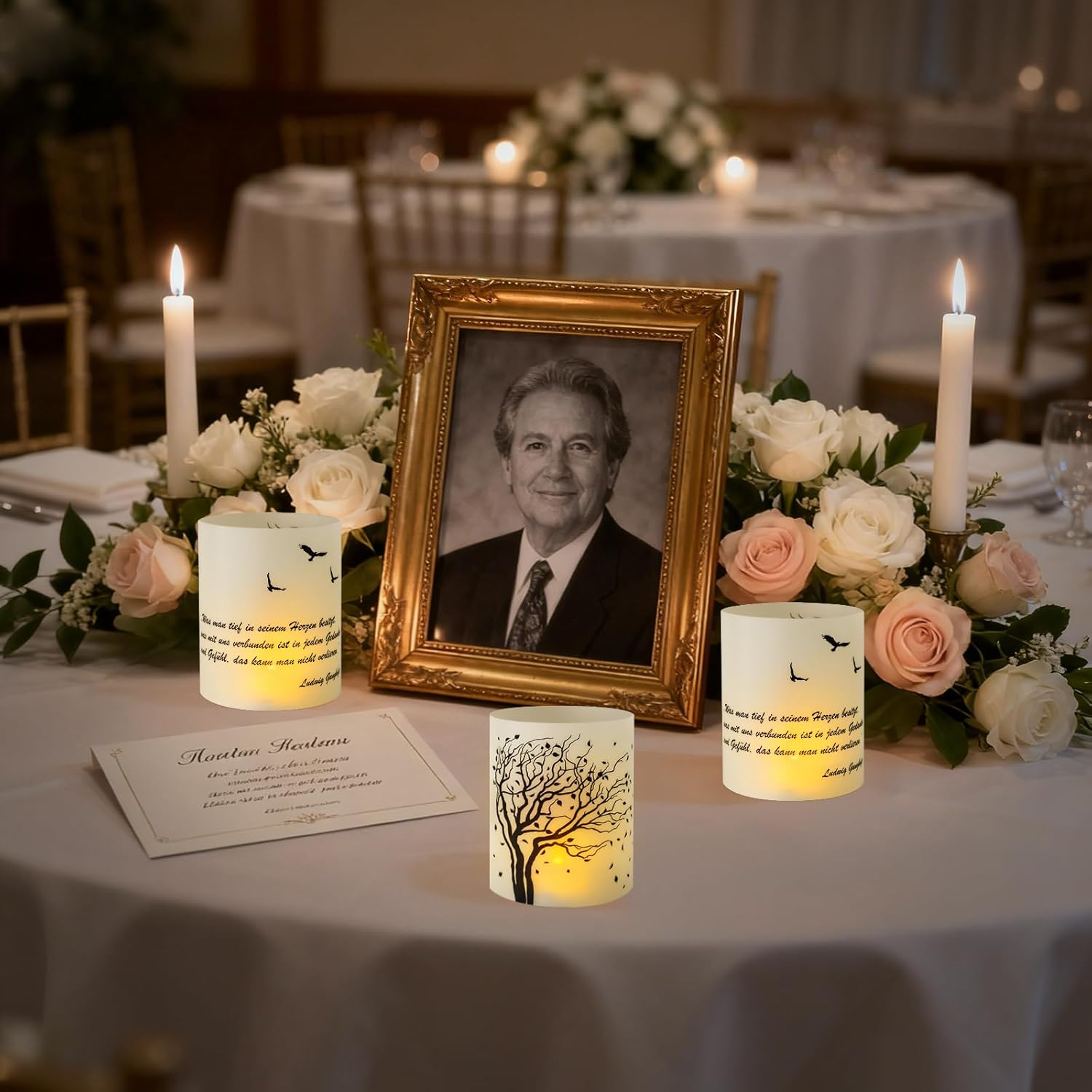 Table Decoration Funeral, Seutgjie Funeral Candles with Saying Black and White Mourning Lantern with Engraving for Tea Lights or Candles image number 5