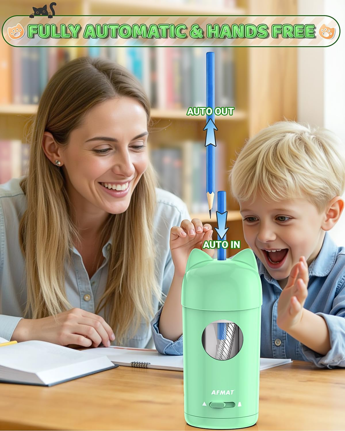 AFMAT Fully Automatic Electric Pencil Sharpener with Cat Ears, Electric Pencil Sharpener with Container for 7-8 Mm Pens (Thick & Thin) - USB Sharpener Children, Gift for School/Office, Green image number 5