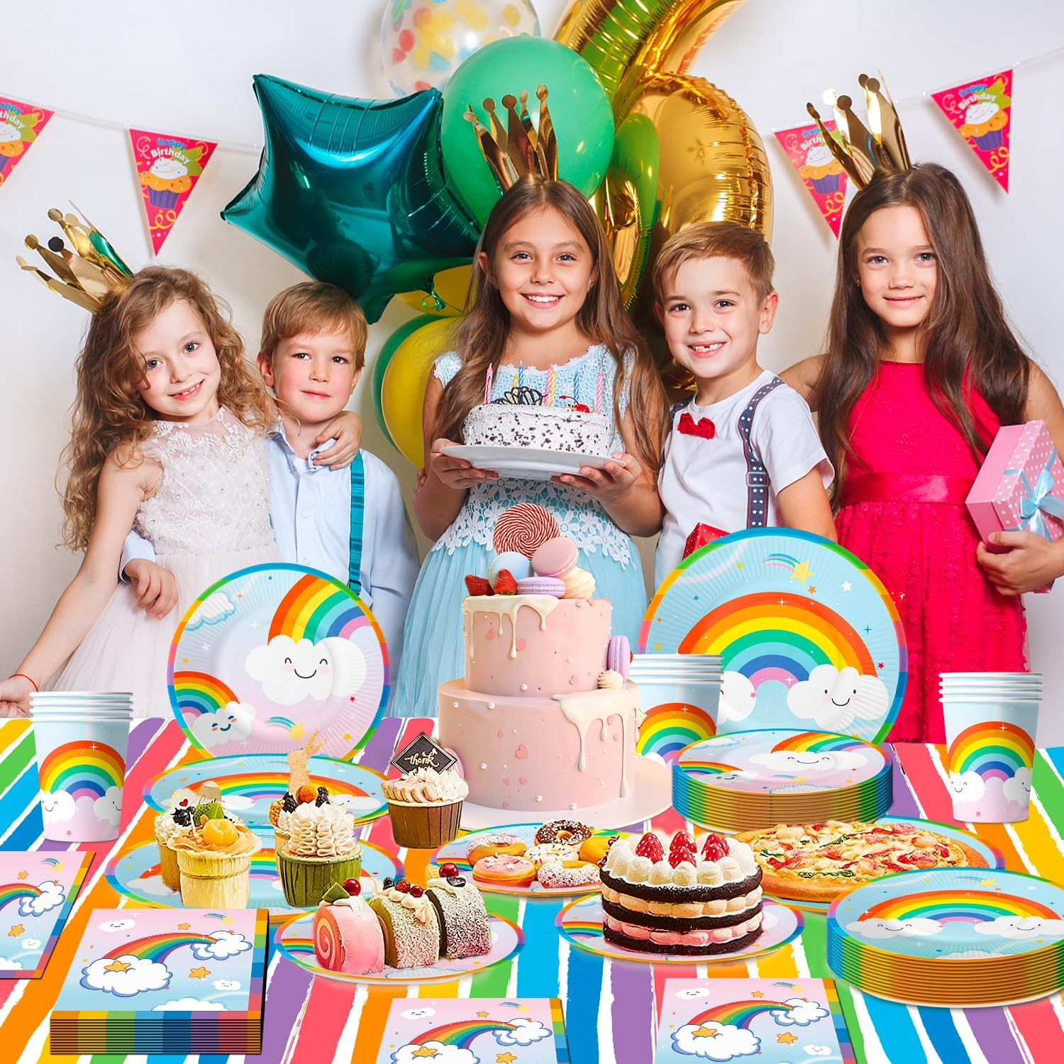 Rainbow Party Supplies, 81Pcs Rainbow Birthday Decorations Tableware Set Party Plates Cups Napkins Tablecloth Etc Birthday Party Supplies for Girls Themed Party&Baby Shower image number 5