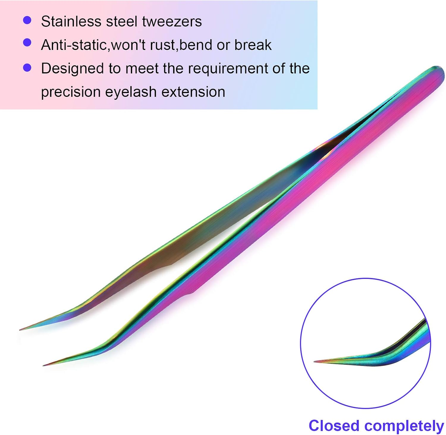 2 Pieces Straight and Curved Tip Tweezers Eyelash Extension Tweezers, Stainless Steel False Lash Application Tools (Iridescence) - Iridescence image number 3