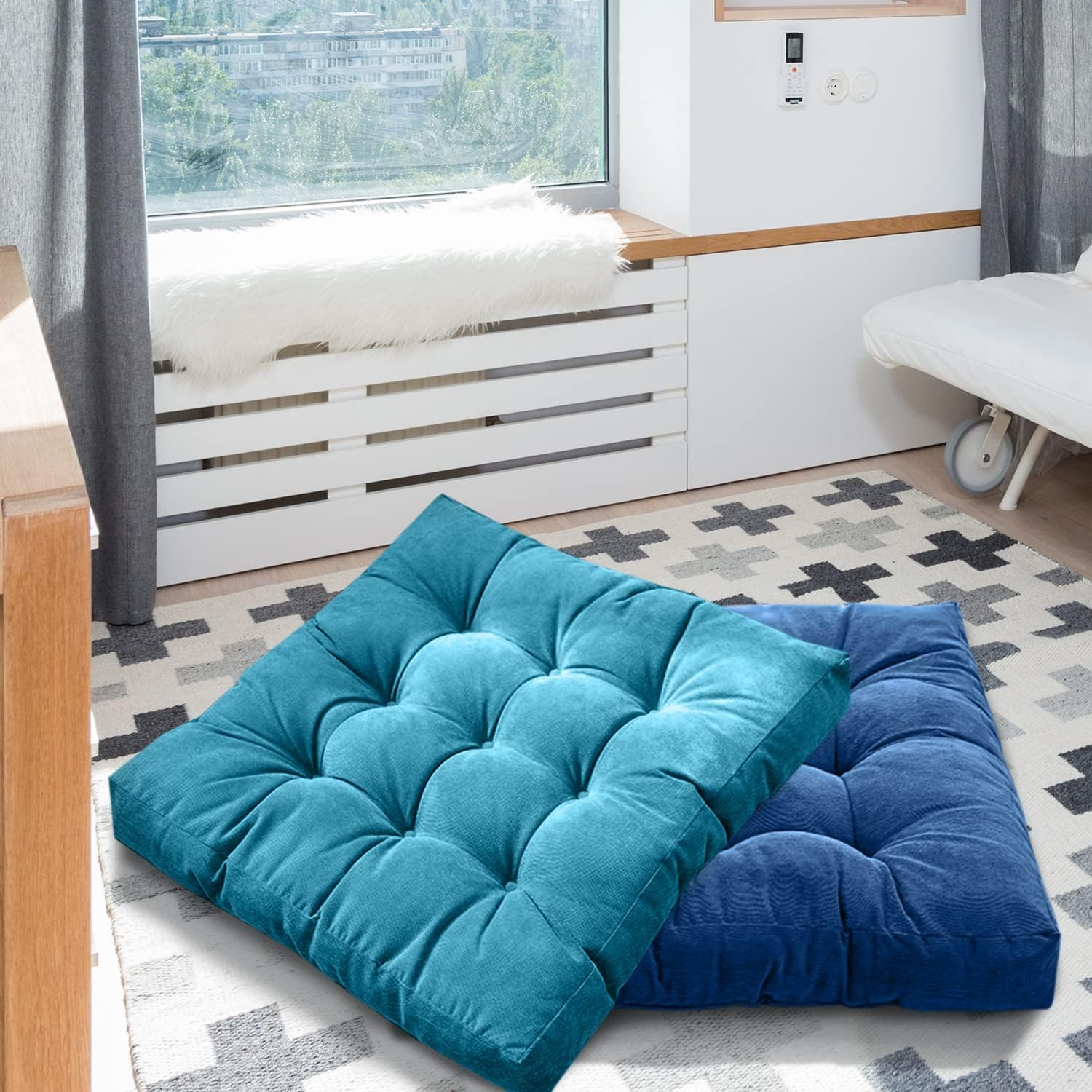 Meditation Floor Pillow, Square Large Pillows Seating for Adults, Blue Tufted Corduroy Cushions for Outdoor Yoga Tatami Fireplace Living Room, Memory Foam Filing, Blue, Cushion 22 X 22 Inch image number 4