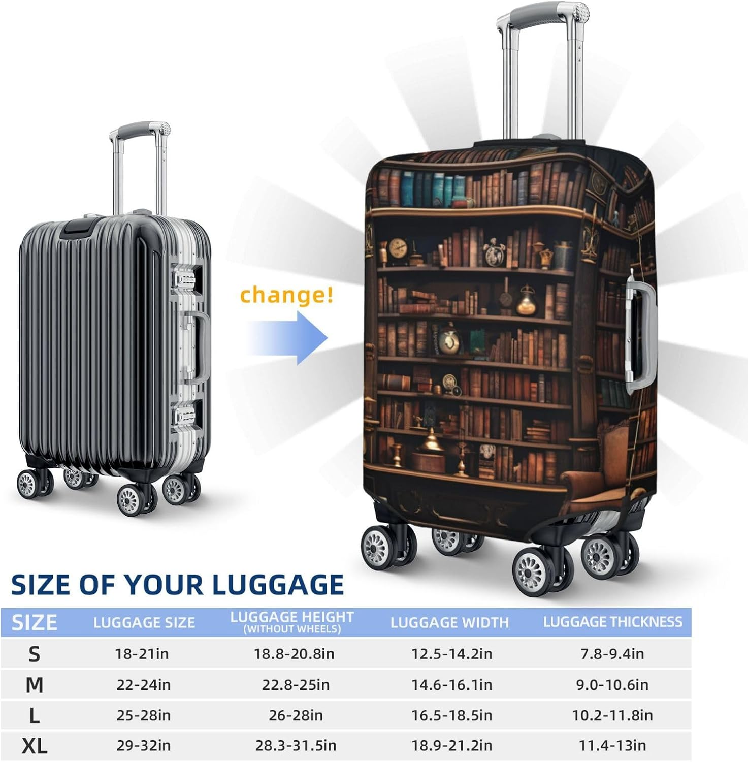 Tamiger Library Bookshelf Print Elastic Washable Baggage Protector Universal Suitcase Cover Travel Luggage Cover, Black, L image number 1