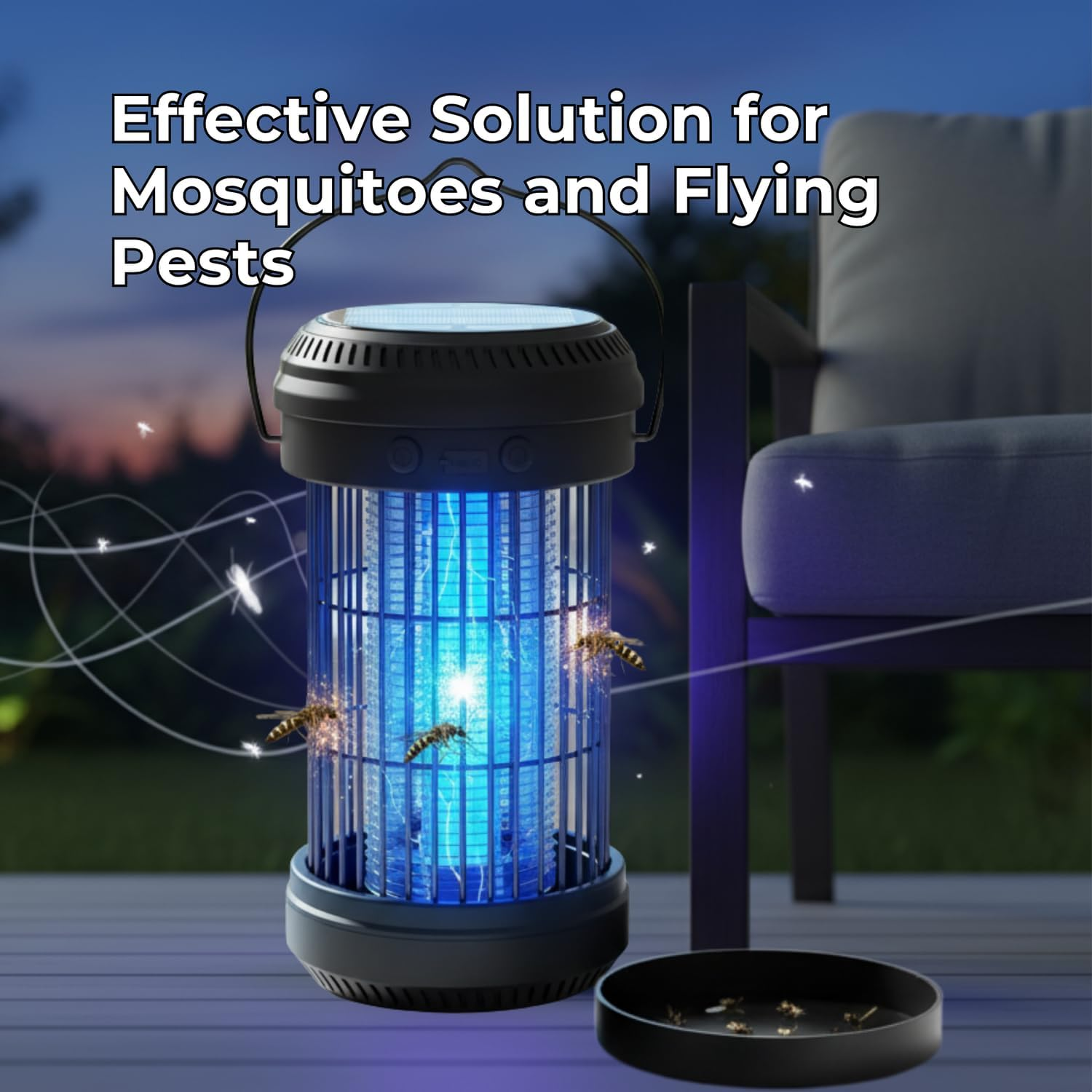 Bug Zapper &ndash; Solar & USB Rechargeable Insect Killer Lamp | 5W UV Light Bulb with 4200V High Voltage Grid for Flies & Mosquitoes | Black | Portable, Eco-Friendly & Powerful Pest Control.
