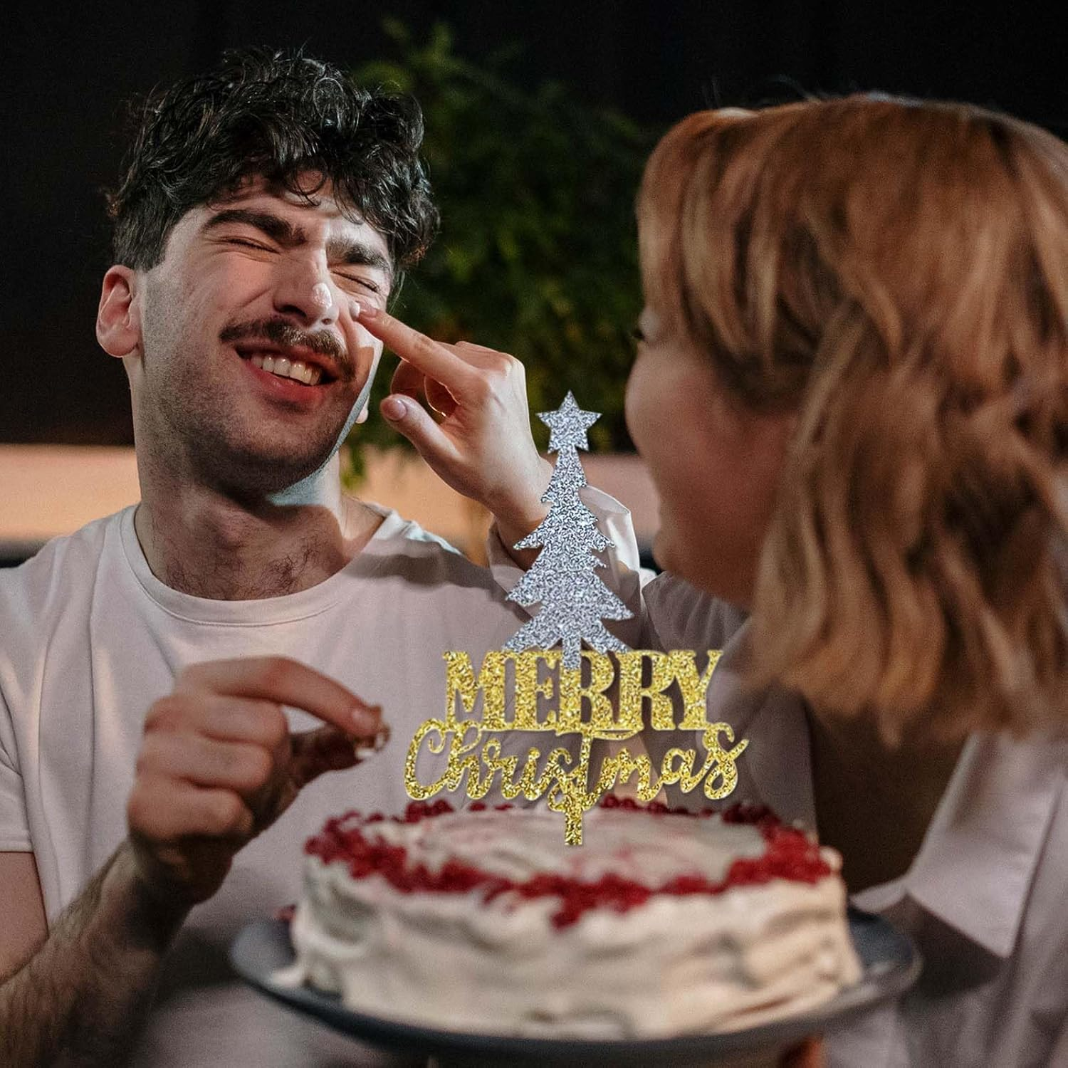 Merry Christmas Cake Topper, Gold Glitter Acrylic Christmas Tree Cake Picks for Christmas Winter Happy New Year Party Supply Decoration image number 4