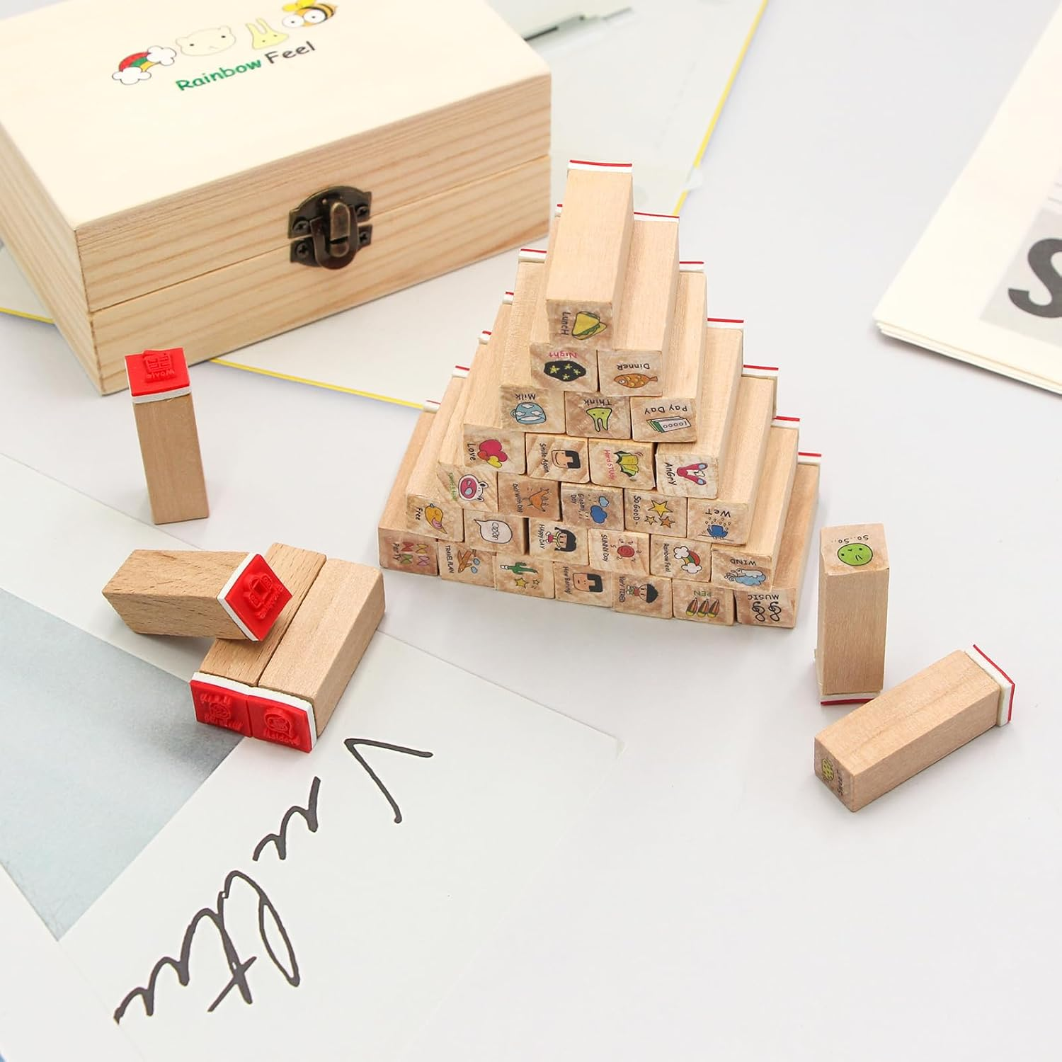 SONGER 40PCS Cute Mini Wood Rubber Stamp Set DIY Diary Scrapbook Stamp Set, Art Stamps for Scrapbook, DIY Card Making, Bullet Journals and Arts & Craft Decoration Supplies image number 1