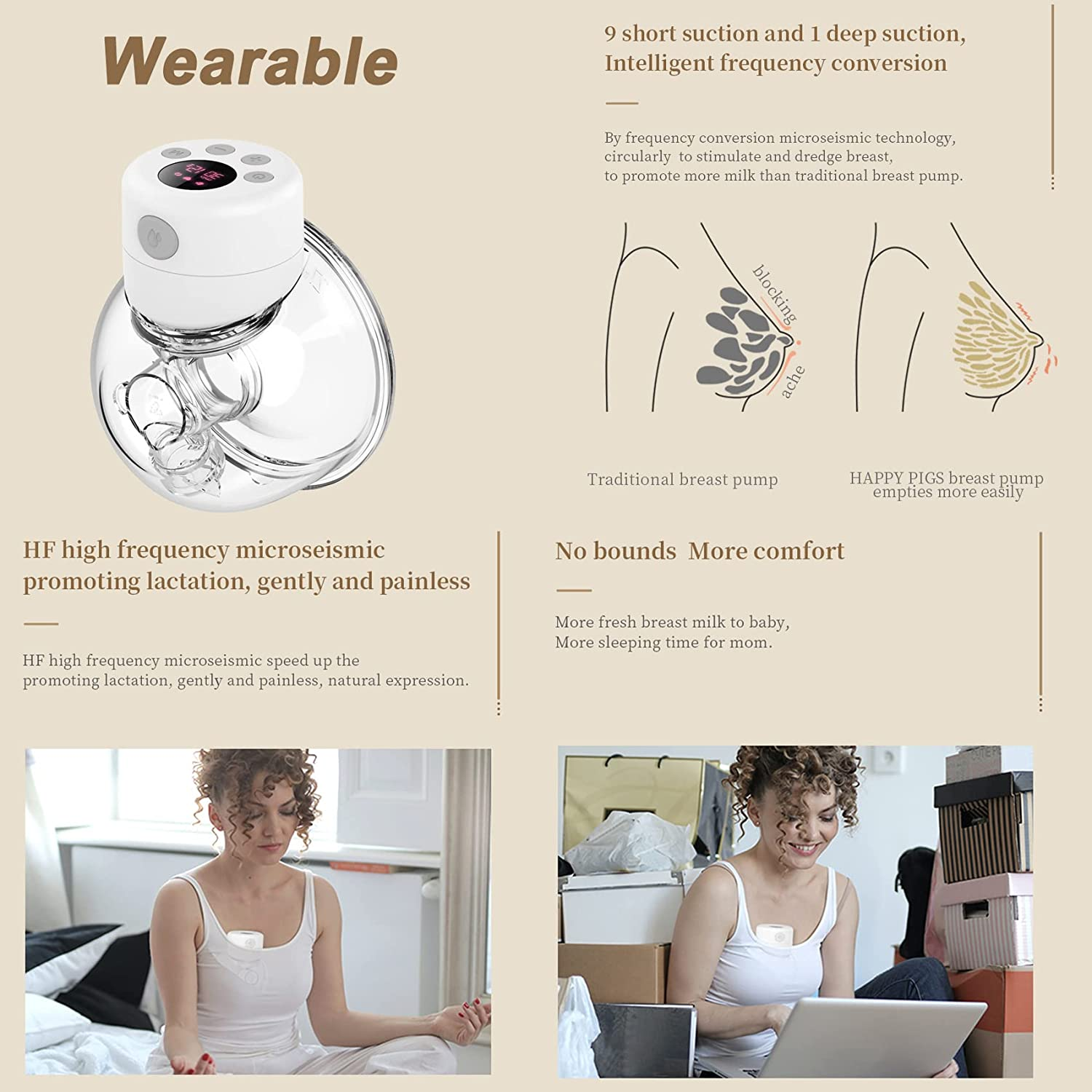 AUTENS Wearable Electric Breast Pumps, Portable Hands Free Breastfeeding Pump, Silent & Painless, 2 Modes & 9 Levels, 24Mm Flange, Can Be Worn In-Bra, LCD Display and Memory Function Rechargeable Pump. image number 4